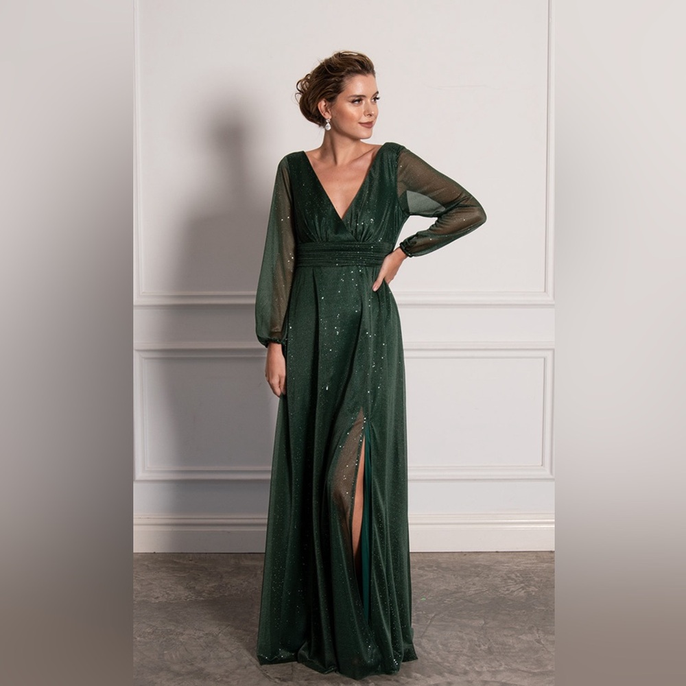 Long Sleeve Sparkly Split Formal Dress